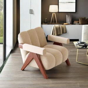 Modern Casual Single Sofa Chair Cream Solid Wood with Leather Cushion Designed for Office Balcony & Living Room Lazy Casual Seat